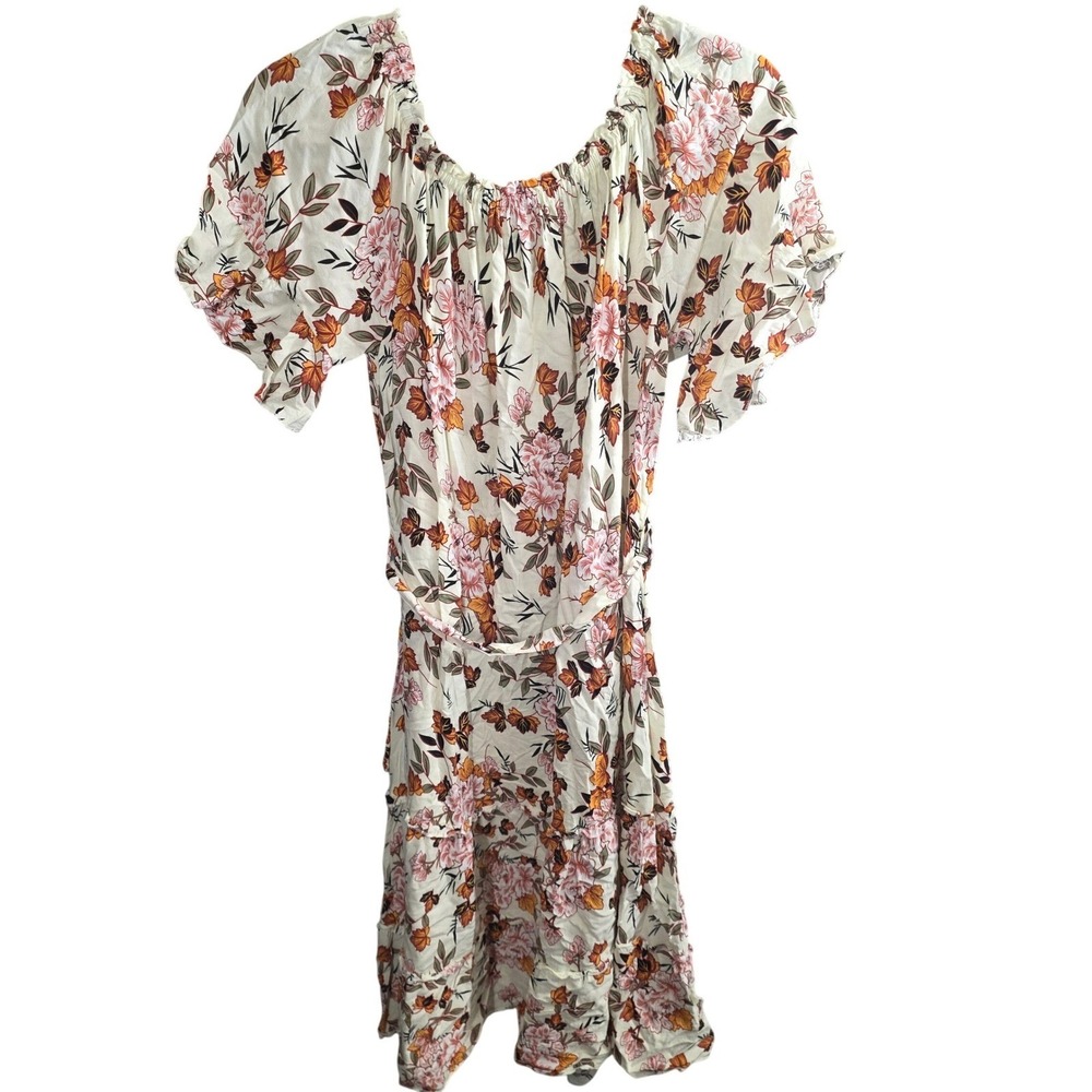 Seven Islands Floral Midi Dress Medium Med M Orange Boho Ruffle Belted Flowers